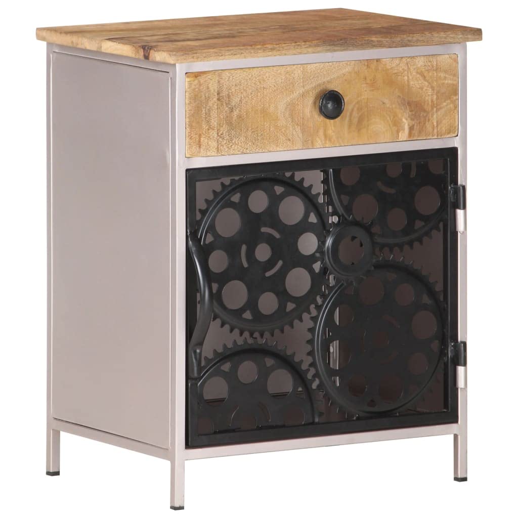 vidaXL Bedside Cabinet - Unique Bicycle Chain Wheel Door, Rough Mango Wood, Space-Savvy with Drawer for Storage, Requires Assembly